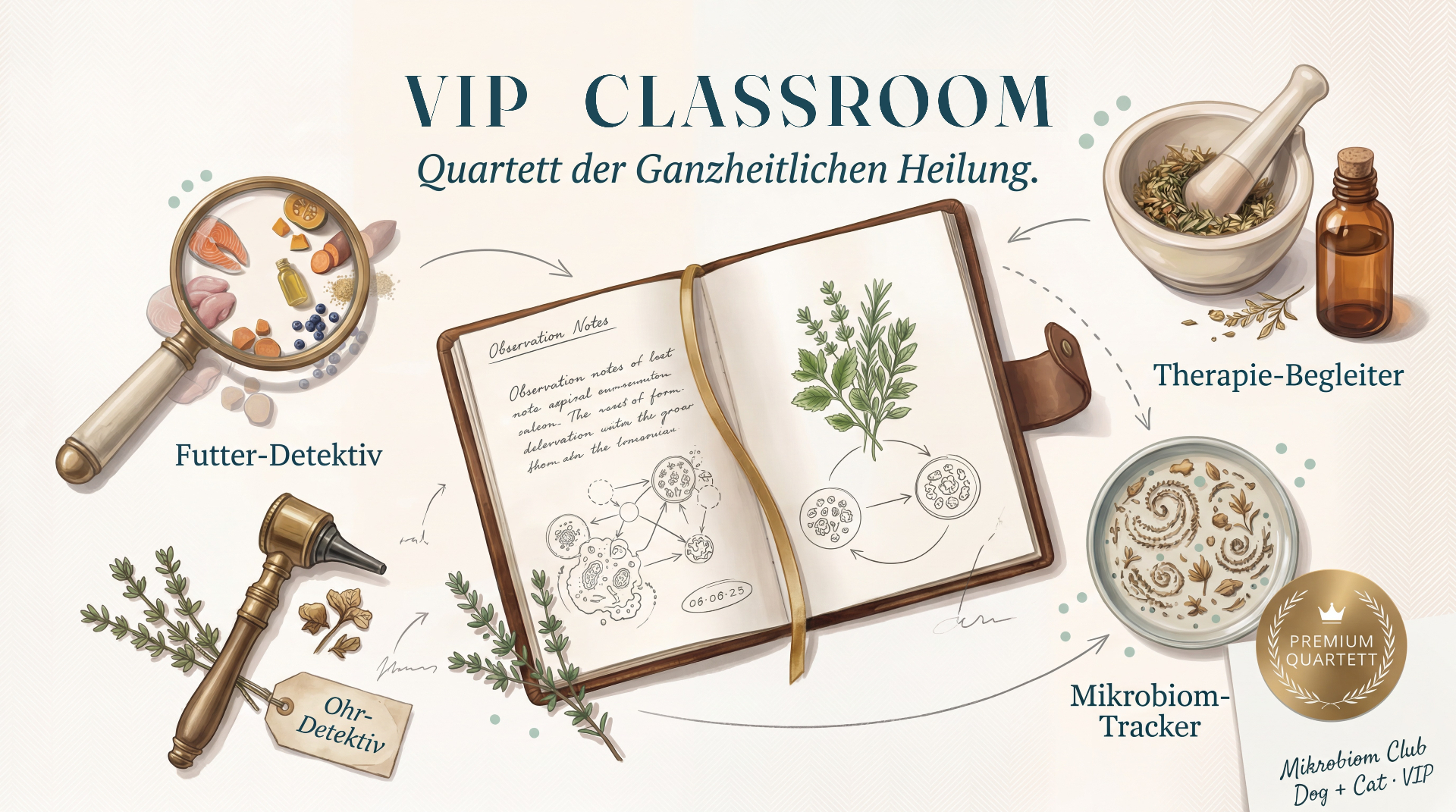 VIP Classroom – Quartett der ganzheitlichen Heilung: Futter-Detektiv, Ohr-Detektiv, Therapie-Begleiter, Mikrobiom-Tracker